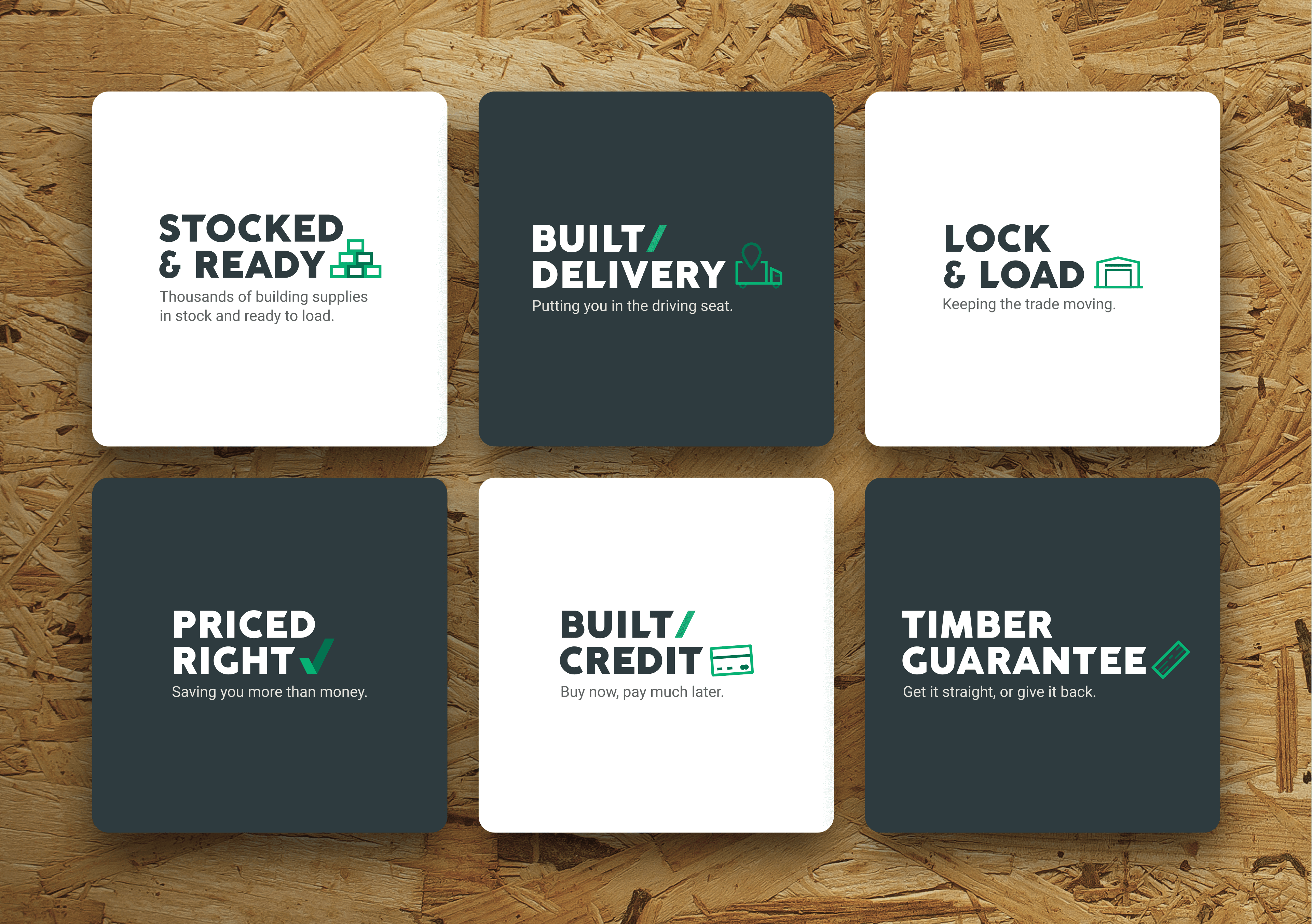 Eight floating card containing a slogan and description of each main unique services provided by the Built builders merchant