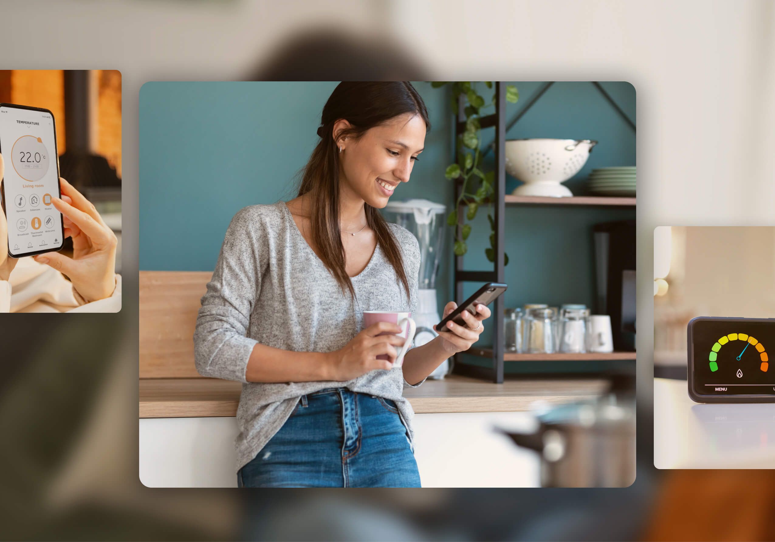 Image of a person in the kitchen looking at her phone with a Smart Meter and Heating app overlaid
