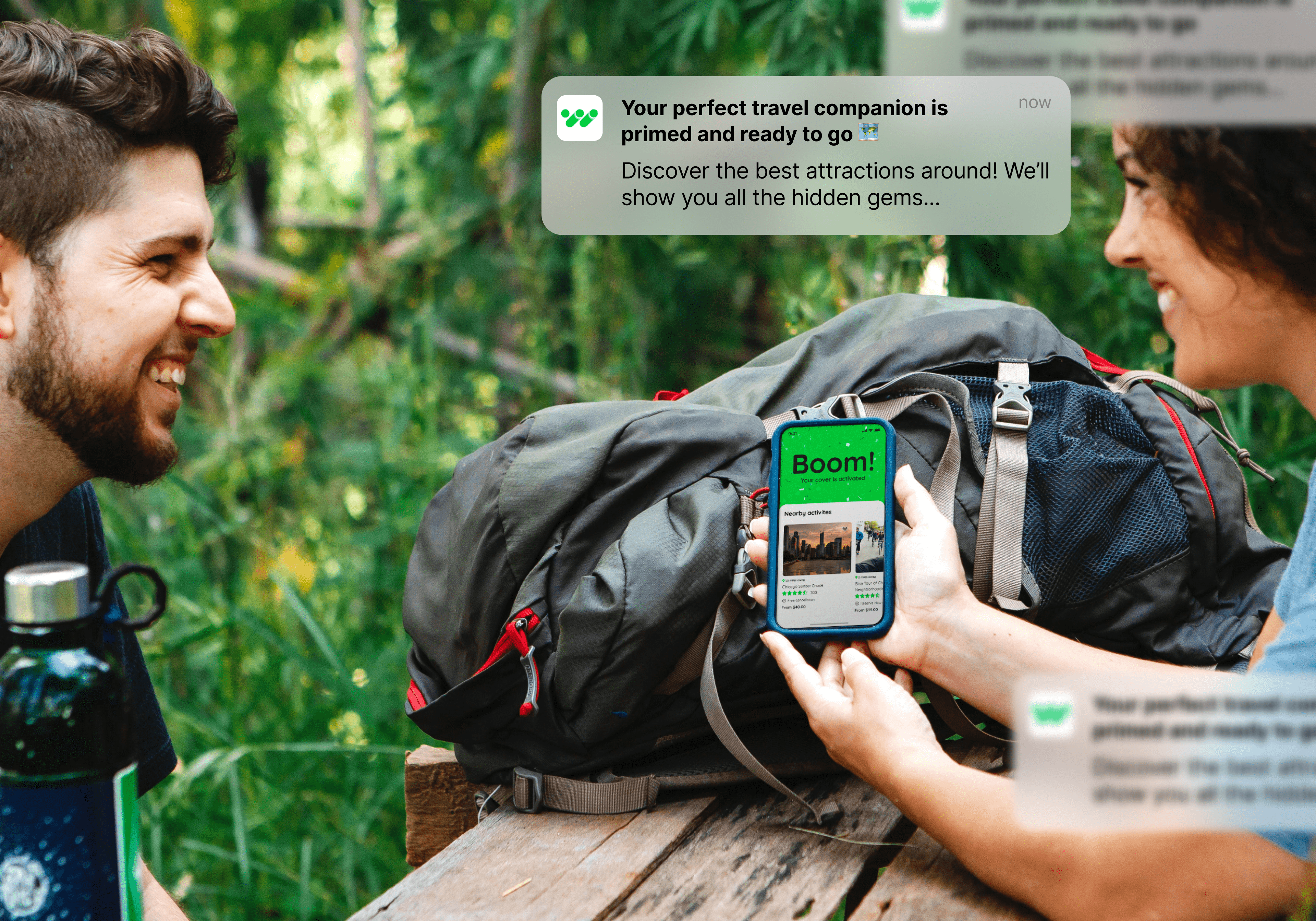 Picture of travellers outdoor using the Wapp travel mobile app insurance service designed by Glue