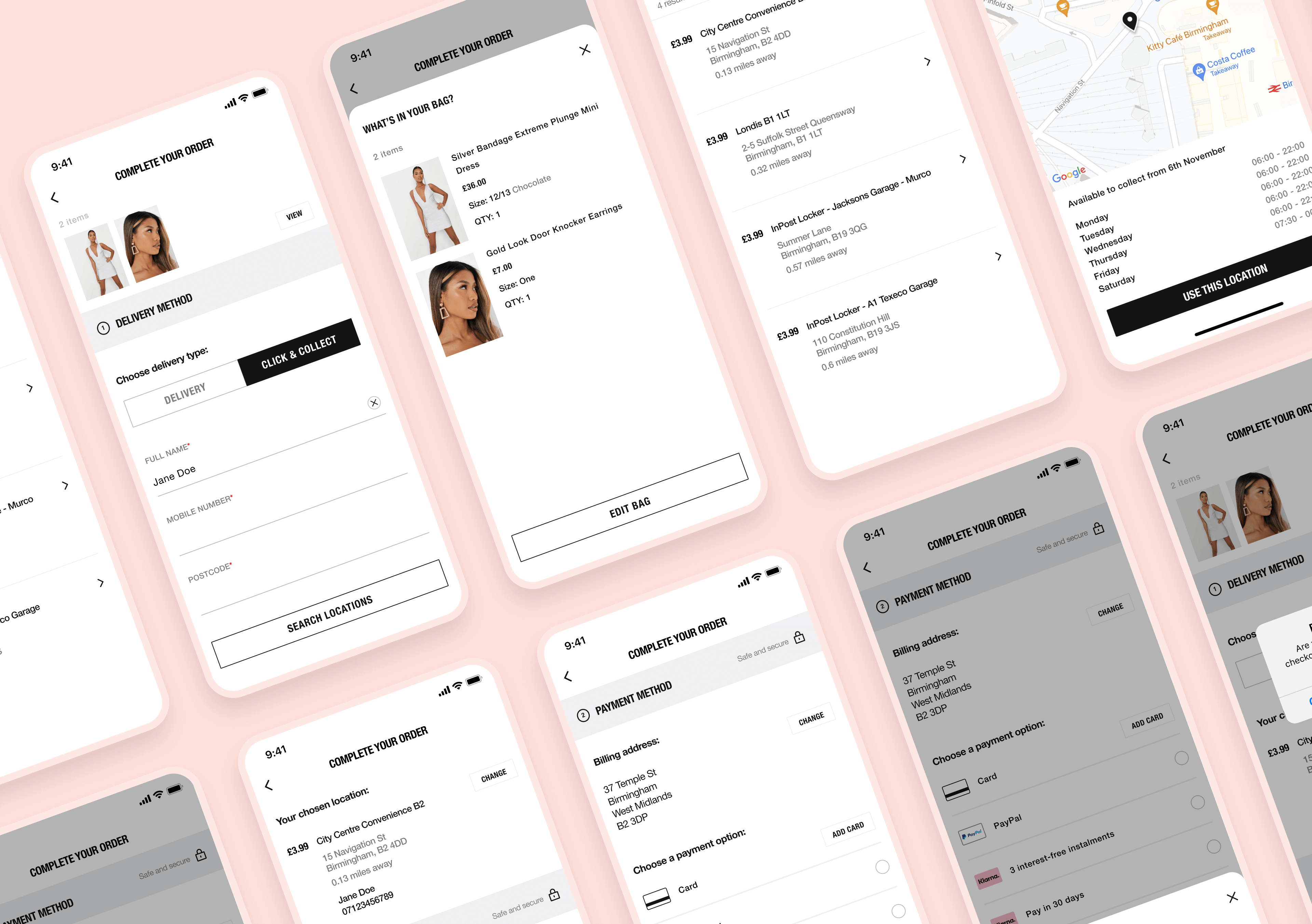 An image with a pink background and 10 phones. On each phone there is a different screen of the checkout process