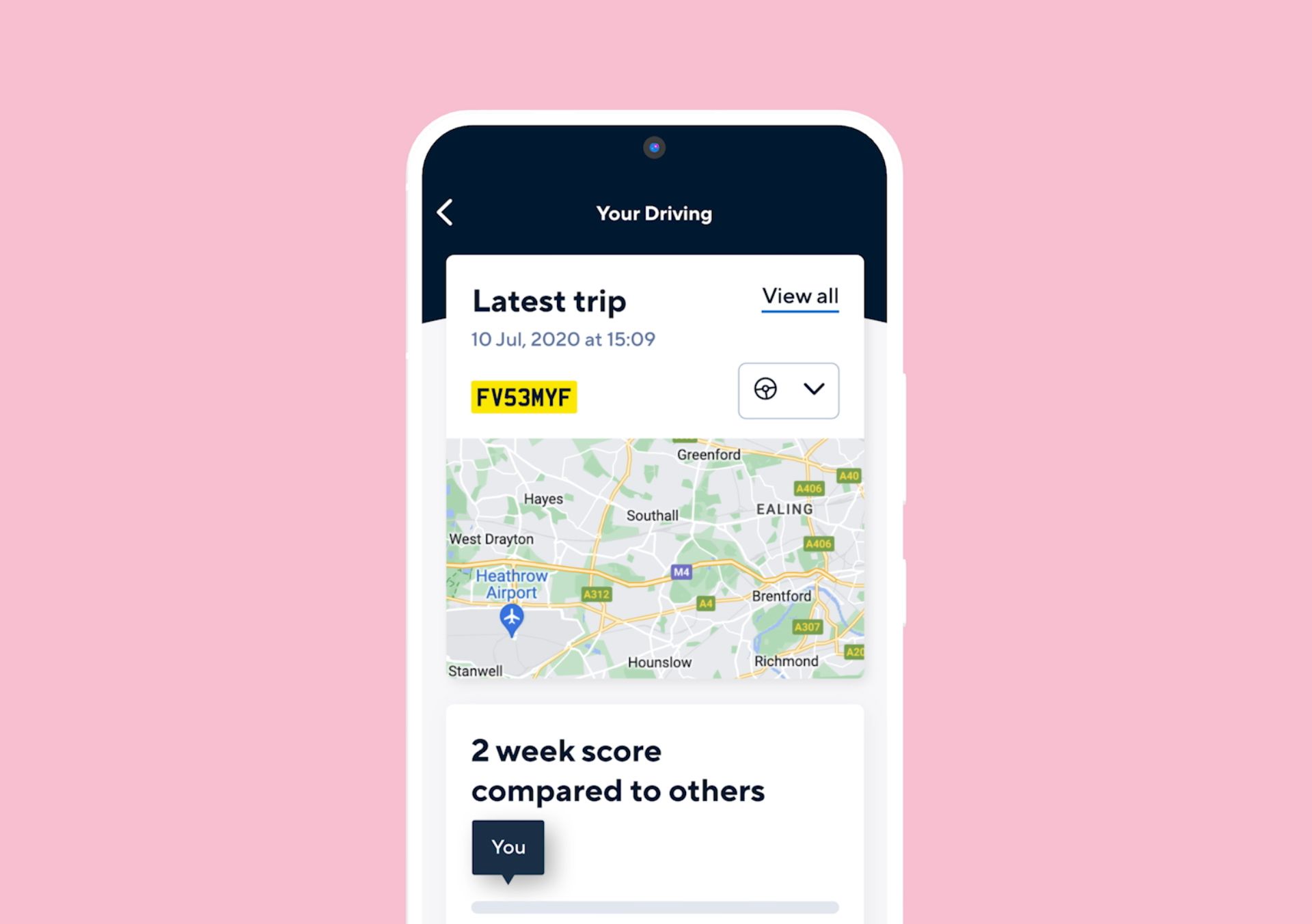 A phone with the ;your driving screen' on a pink background