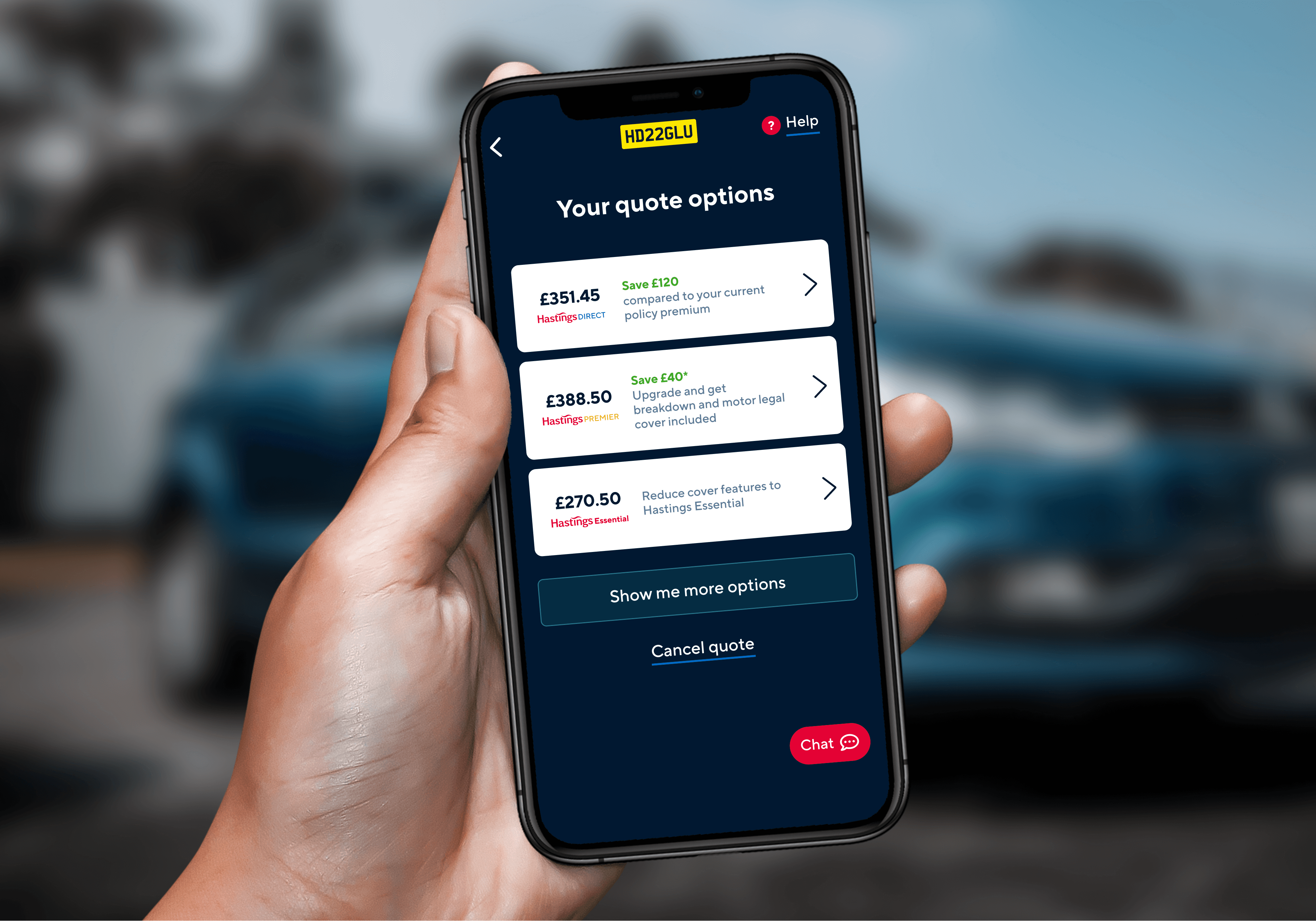 An image showing a hand holding a mobile phone in front of a car. On the screen is three different insurance quote options for three different Hastings direct policies.