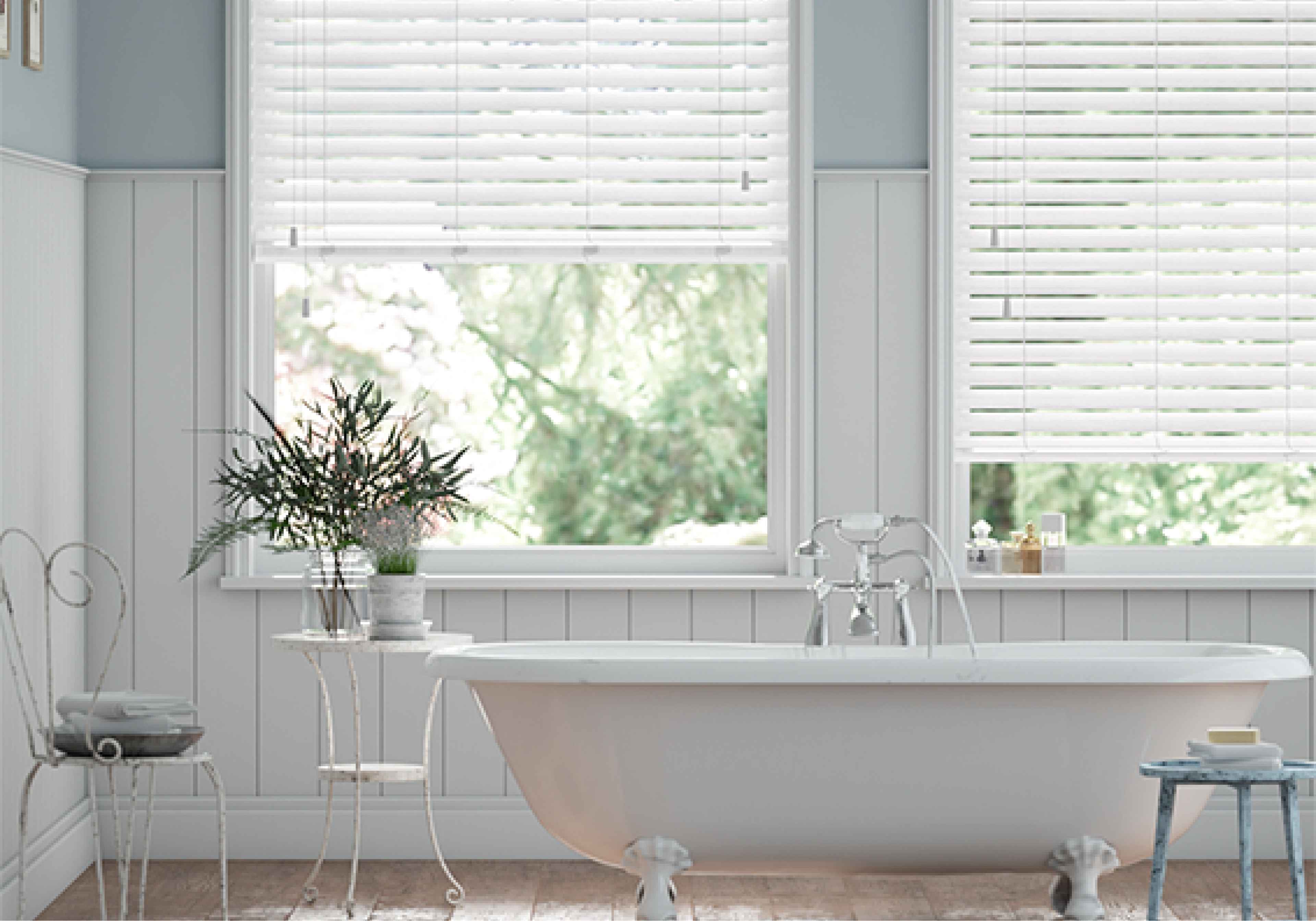 A decorative image of a bathroom displaying one of Blinds2Go's blinds products