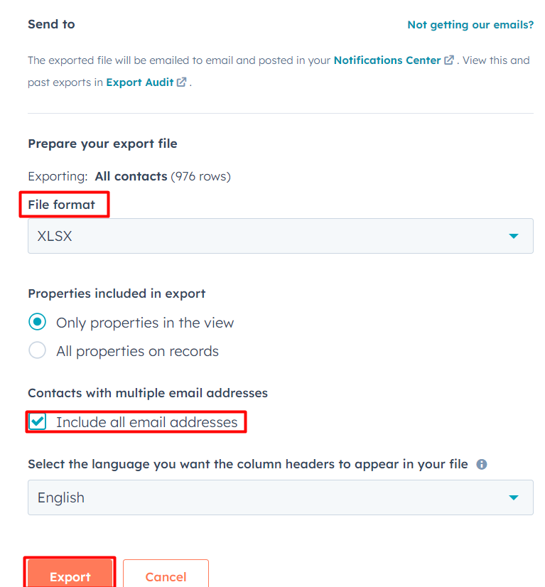 Choose between Including only the properties shown in the view or all properties on the records