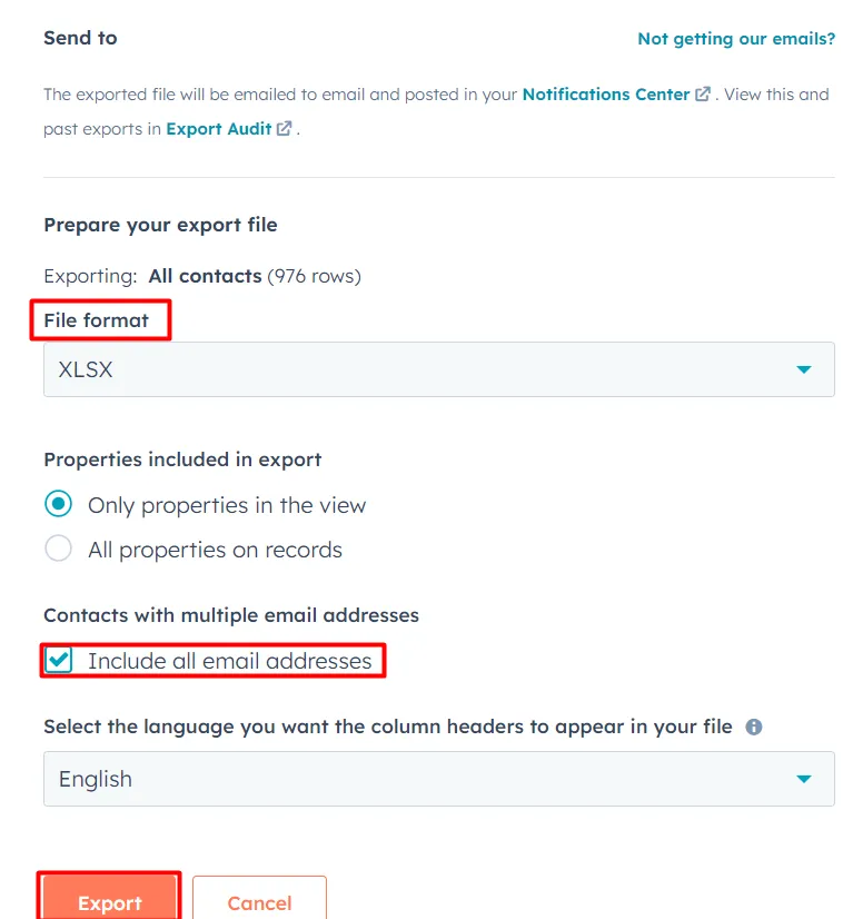 Choose between Including only the properties shown in the view or all properties on the records