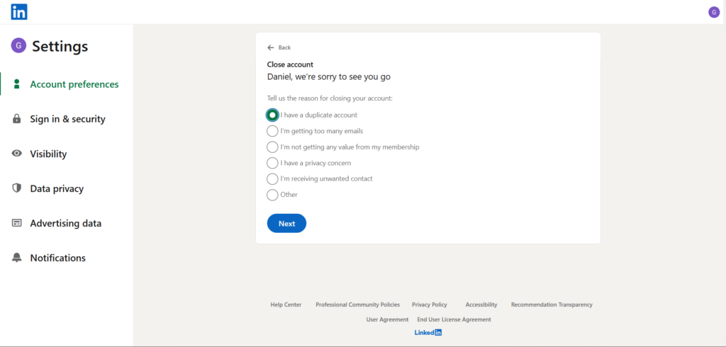 Click "Close Account" and follow the prompts to select a reason for closing your account.