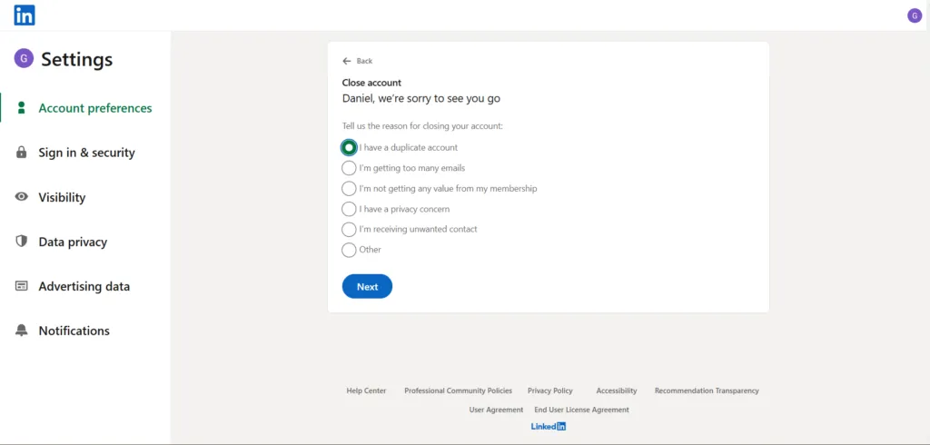 Click "Close Account" and follow the prompts to select a reason for closing your account.