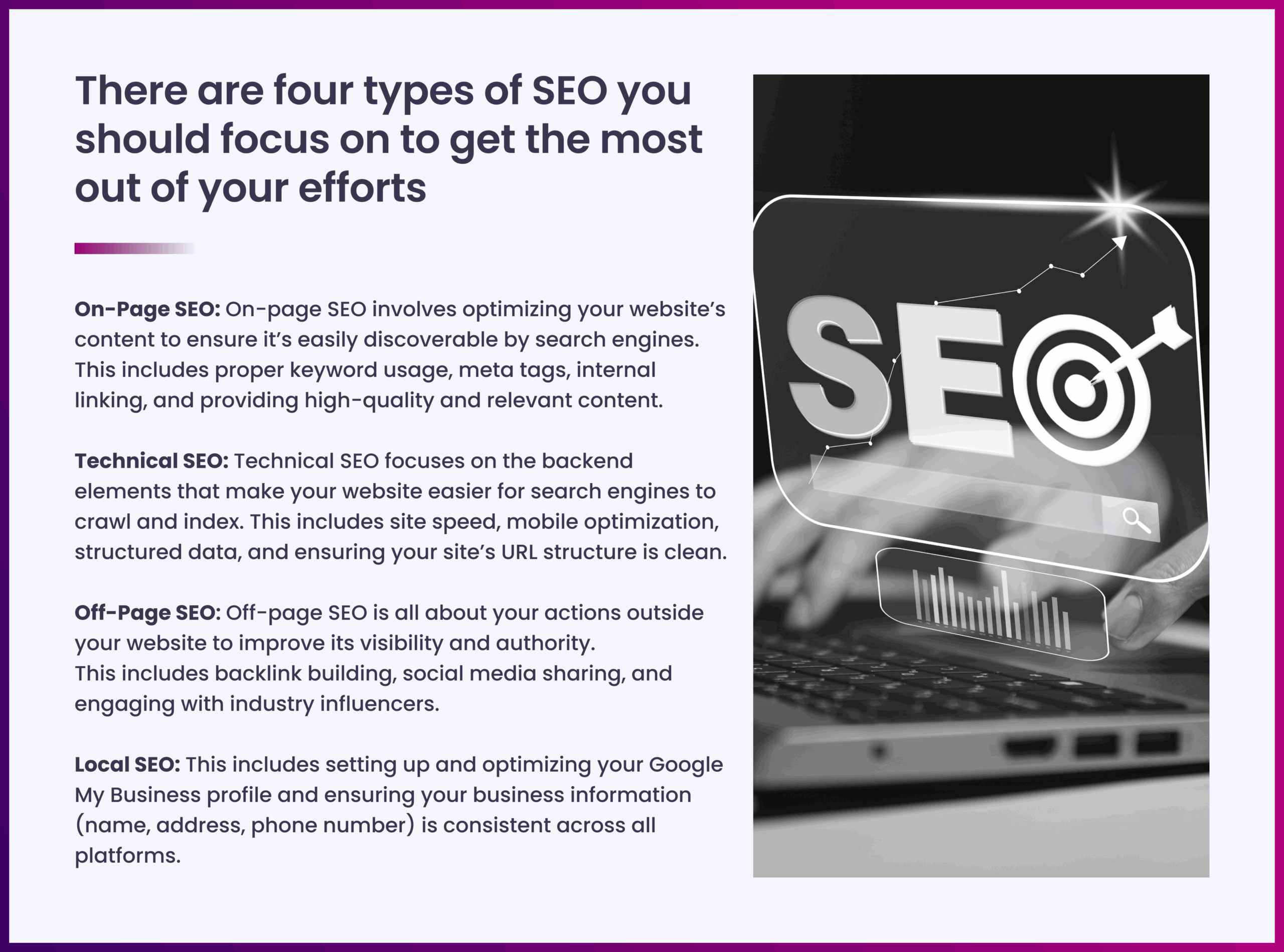 There are four types of SEO you should focus on to get the most out of your efforts