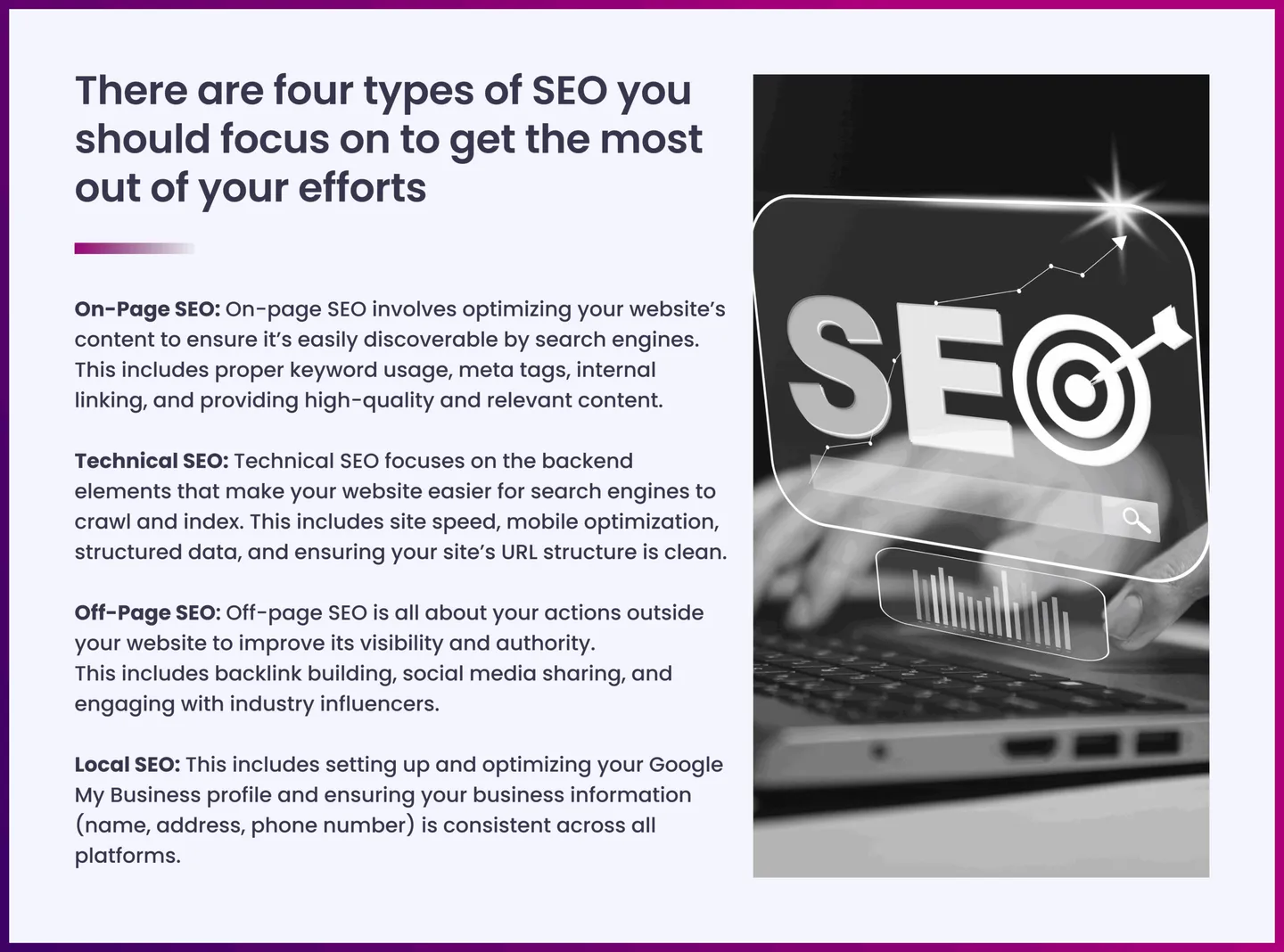 There are four types of SEO you should focus on to get the most out of your efforts