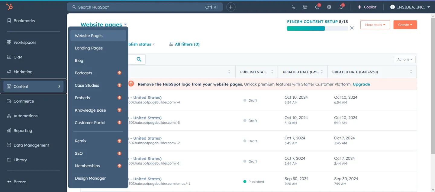 Log in to HubSpot account and access the Content section directly from the dashboard