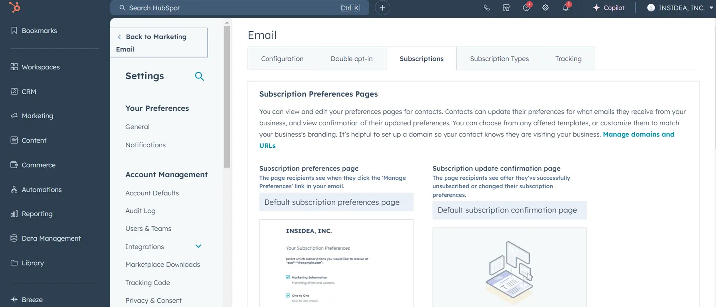 In HubSpot, go to Marketing > Email > Subscriptions.
