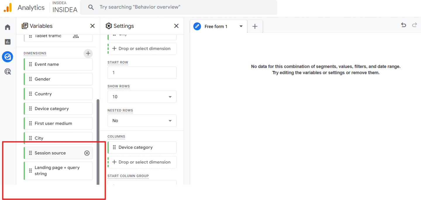 Under Dimensions, add_ Session source, Landing page + query string