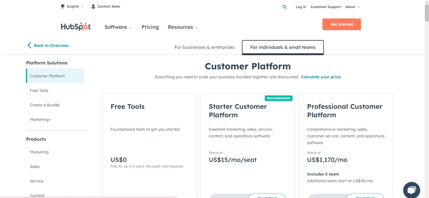 HubSpot pricing starter and Pro