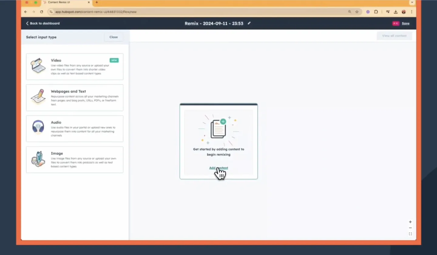 Once in the editor, click Add Content in the center box