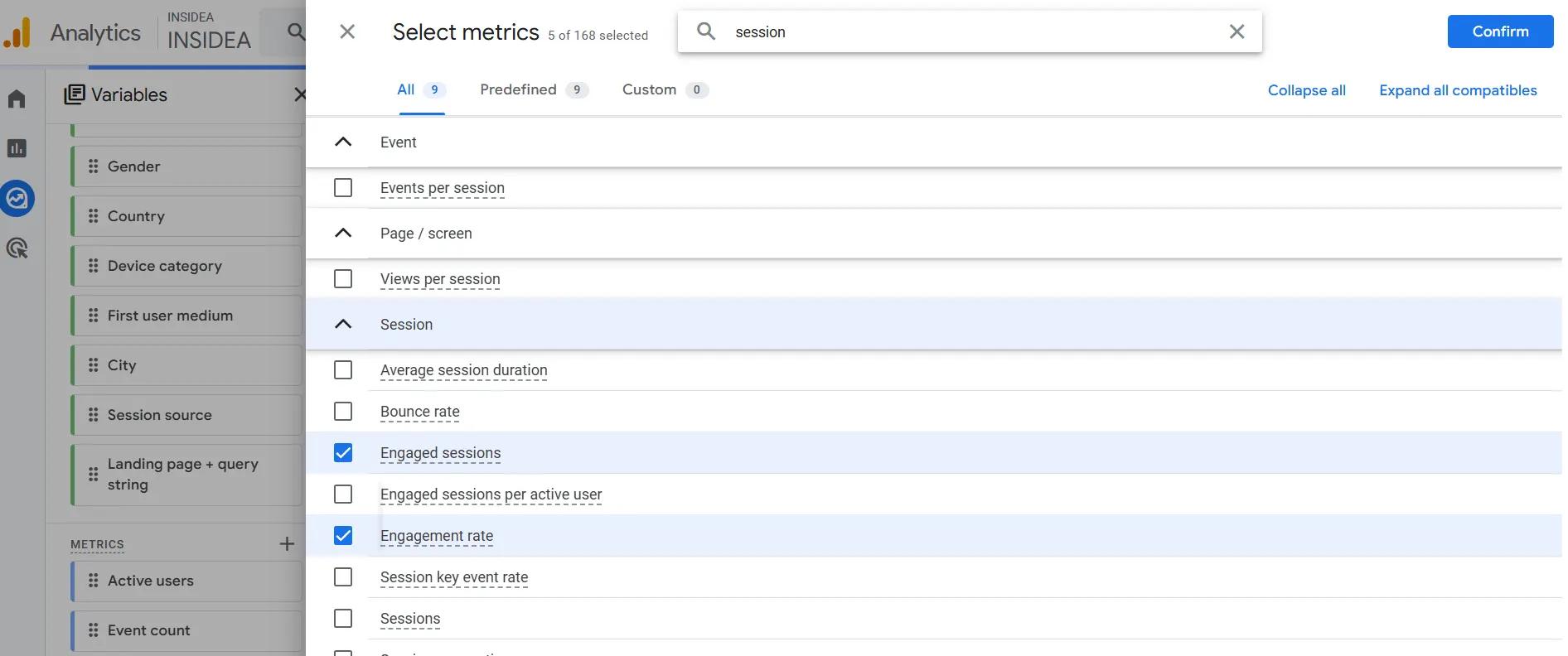 Under Metrics, add_ Sessions, Engaged sessions, Conversions, Engagement rate
