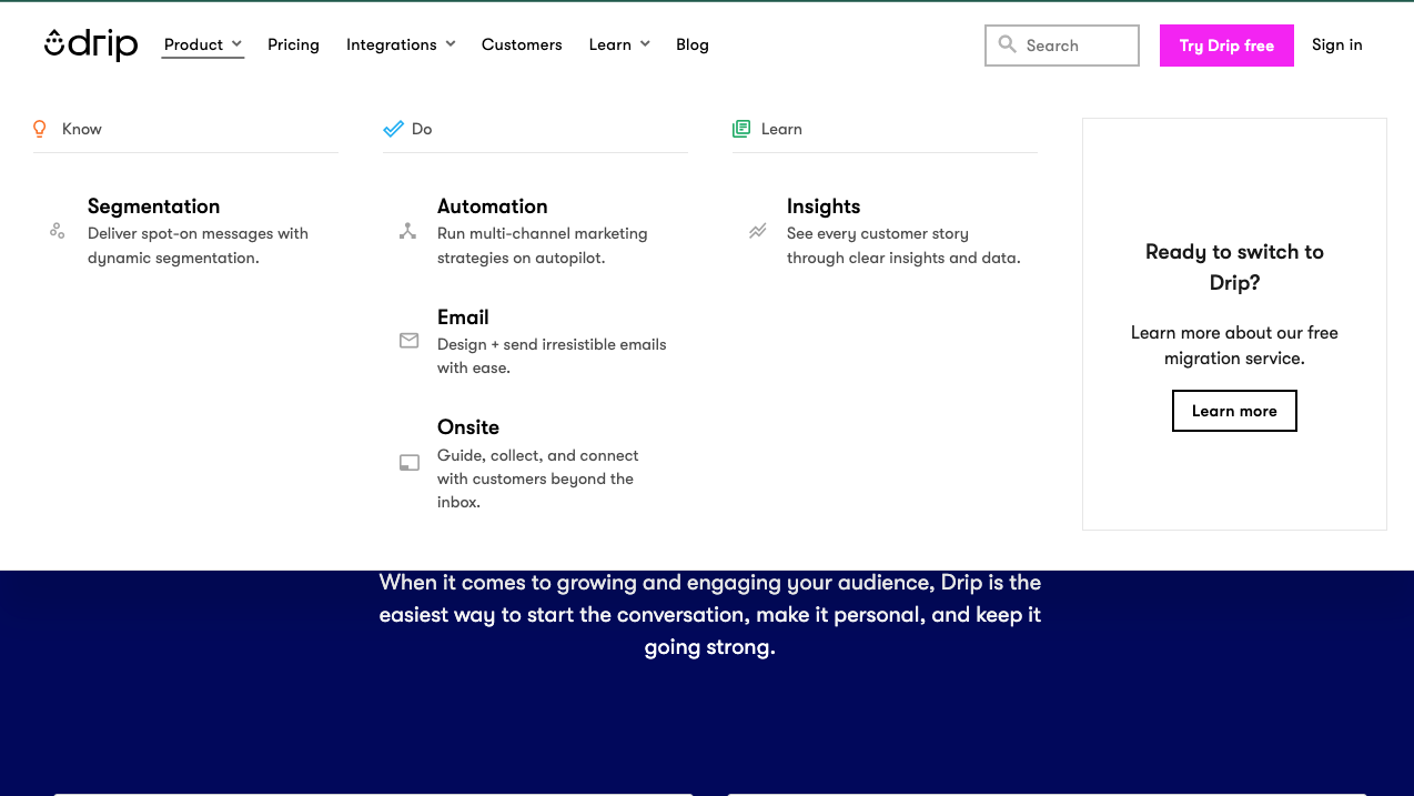Drip Features website screenshot