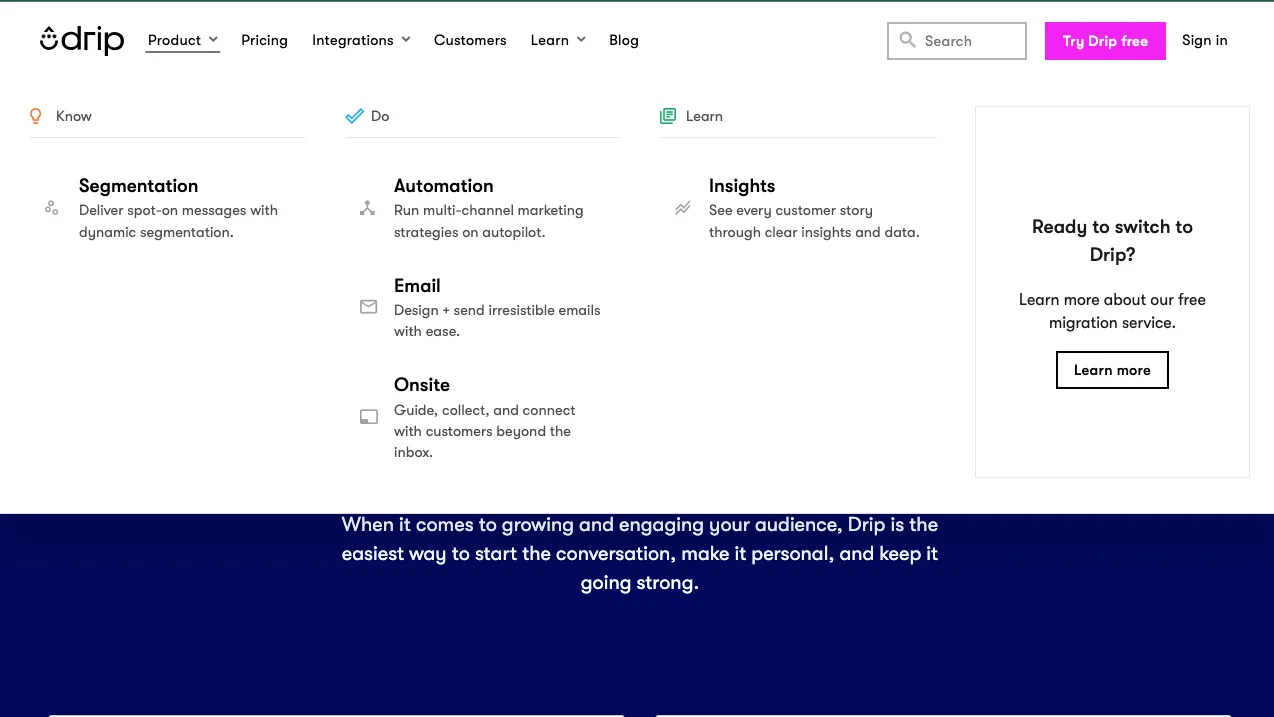 Drip Features website screenshot 