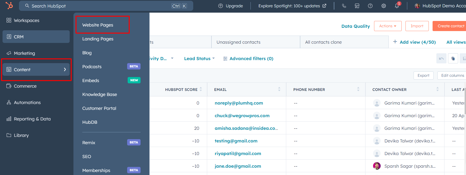 Go to the Content tab in the top menu, choose Website