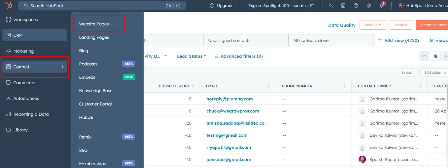 Go to the Content tab in the top menu, choose Website