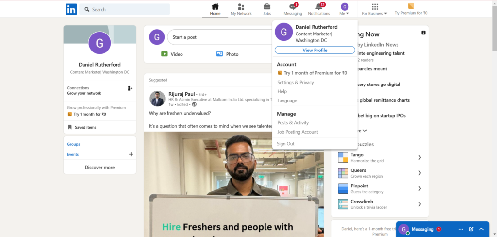 Log in to LinkedIn and click your profile picture or the "Me" icon in the top right corner