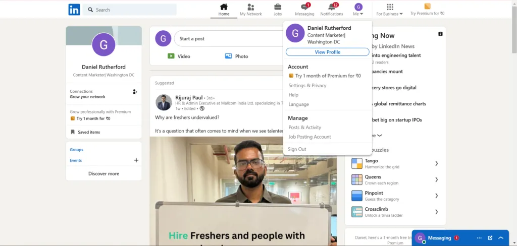 Log in to LinkedIn and click your profile picture or the "Me" icon in the top right corner