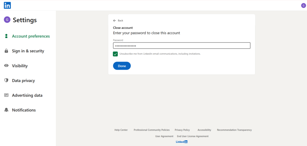 Enter your password to confirm and click "Close Account."