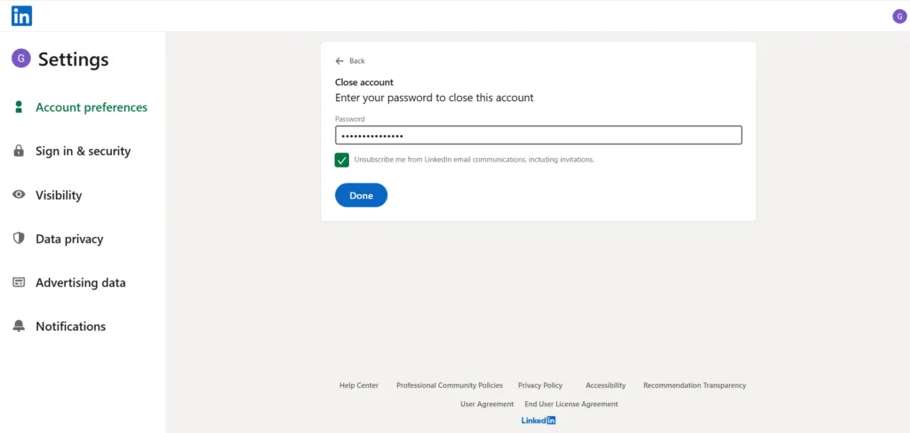 Enter your password to confirm and click "Close Account."