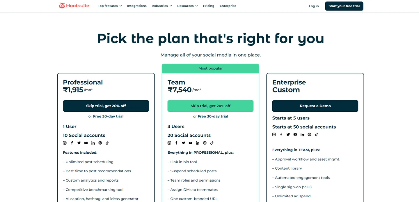 Hootsuite Pricing