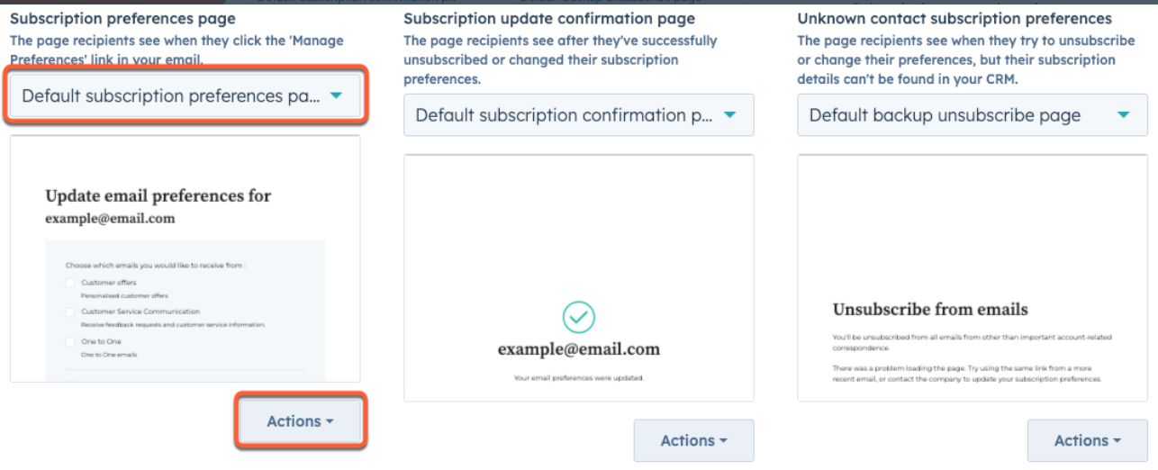Choose a template for your subscription preferences page or edit the existing one using HubSpot’s Design Manager.