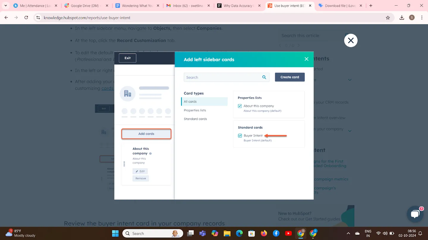 Add Buyer Intent Card to Company Records