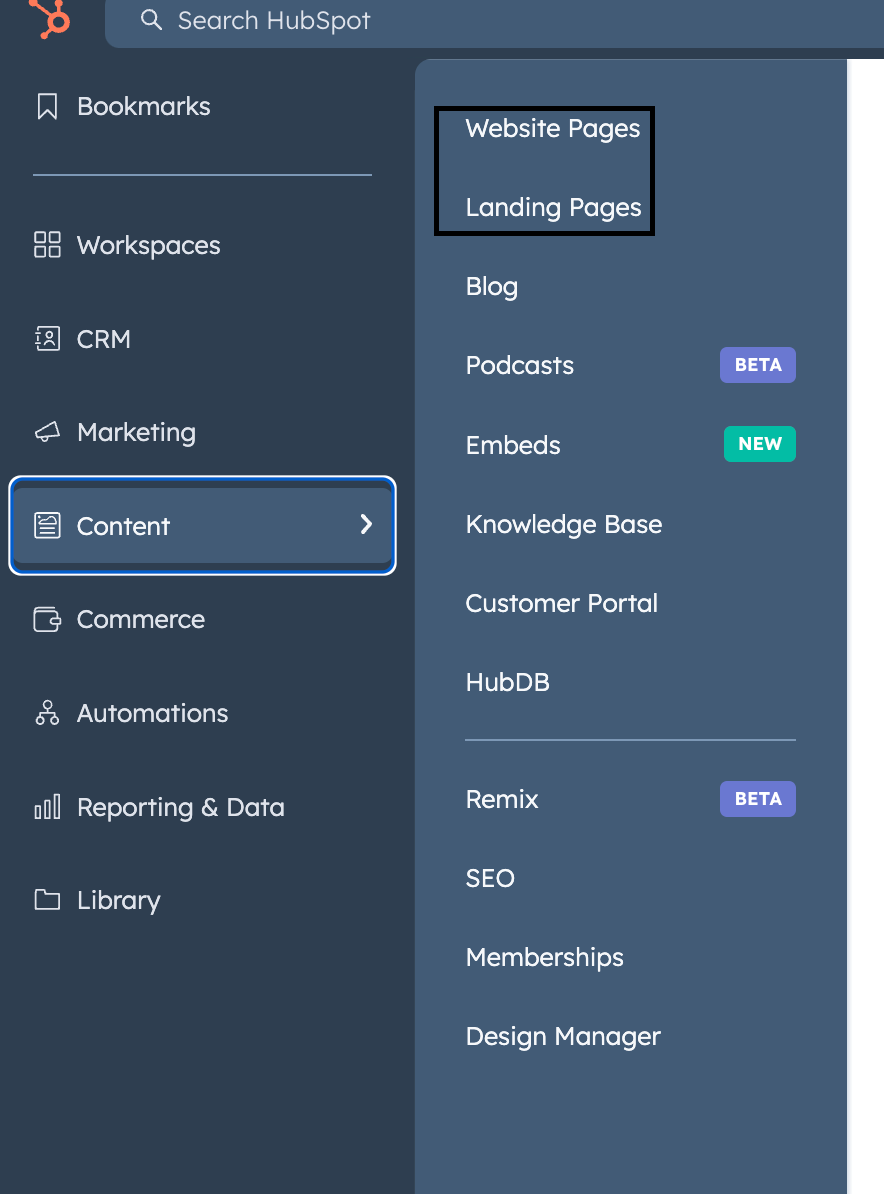 Access the Website or Landing Pages Tool