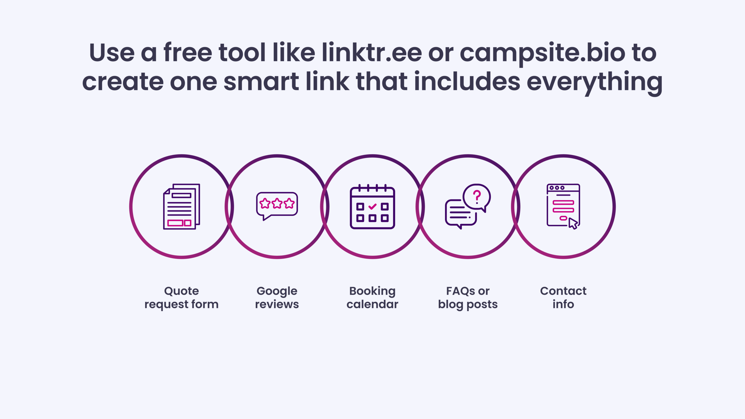 Use a free tool like linktr.ee or campsite.bio to create one smart link that includes everything
