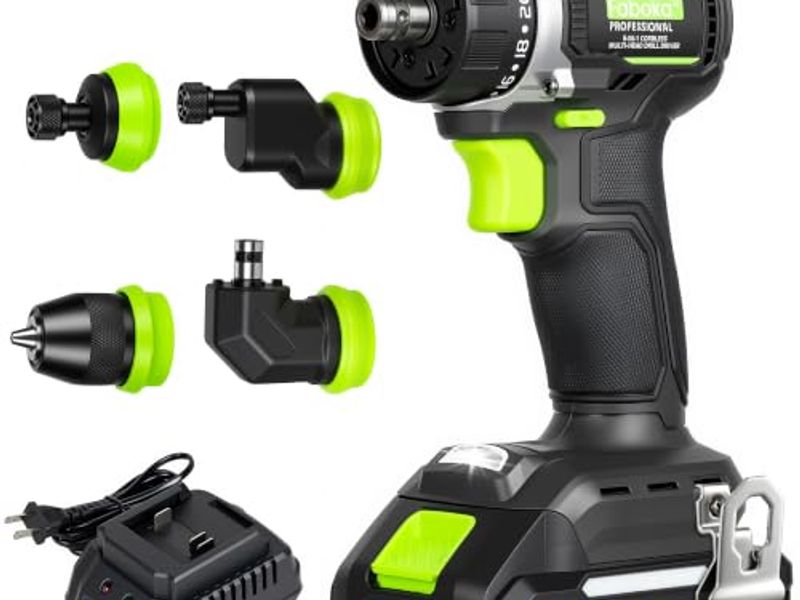 21V 5-in-1 Brushless Cordless Multi-Head Drill Driver Kit, 60Nm Professional Electric Drill/Driver, 2.0Ah Battery & Fast Charger, Variable Speed, LED Light, Belt Hook, 2-Speed (0-450/0-1800 RPM)