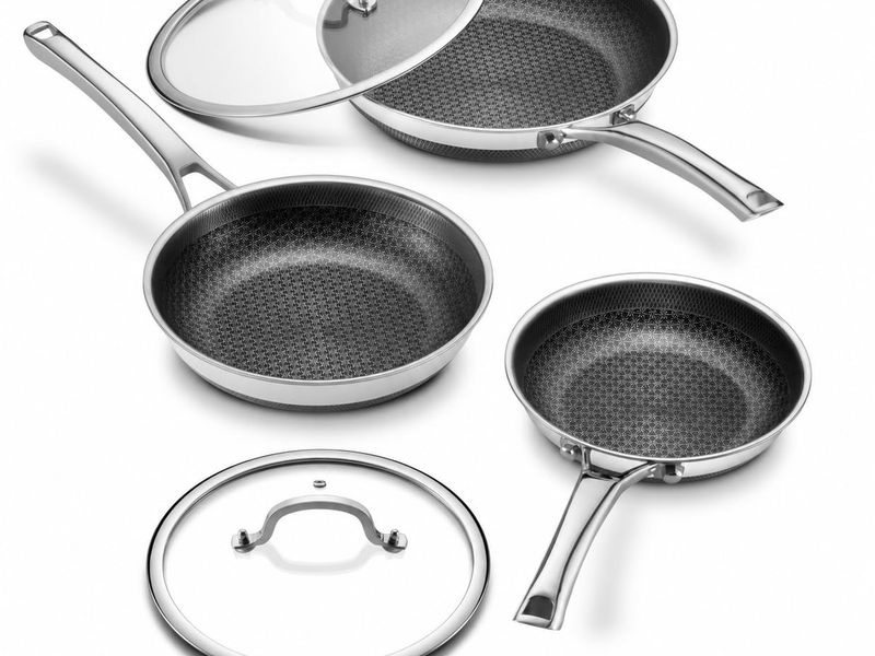 Non Stick Frying Pans with 2 Lids, 8+10+12 inch, Hybrid Frying Pans Set Nonstick, Skillets Stainless Steel Fajita, Dishwasher & Oven-Safe, Induction Compatible Cooking Pan, PFOA Free Cookware