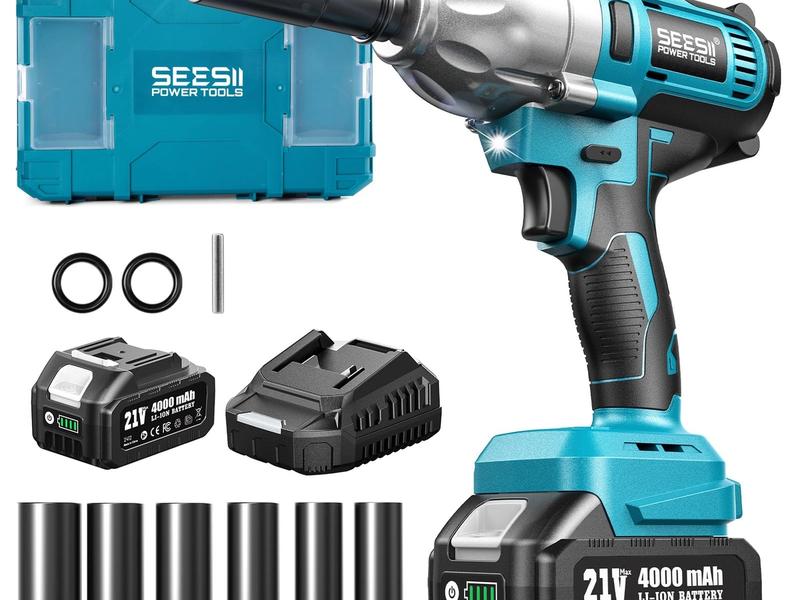 Seesii Impact Wrench 665 FT-LBS High Torque Electric Impact Driver Cordless Impact Wrench with 21V Battery and 6 Sockets