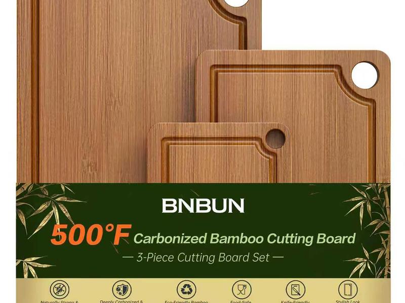 Bamboo Cutting Board for Kitchen, 3-Piece Set with Juice Grooves, Side Handles & Non-Slip Mats – Durable Bamboo Chopping Board for Meat, Vegetables and Fruits
