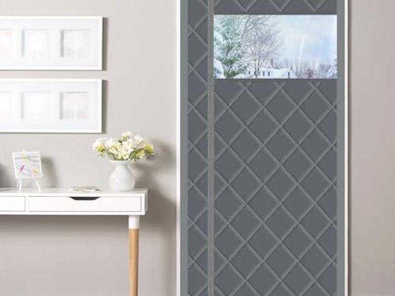 Magnetic Thermal Insulated Door Curtain, 28 x 82 Inch Winter Door Cover Curtain Size 32 x 84 Waterproof Thick Insulation Blanket with Visible Window Side Opening Gray