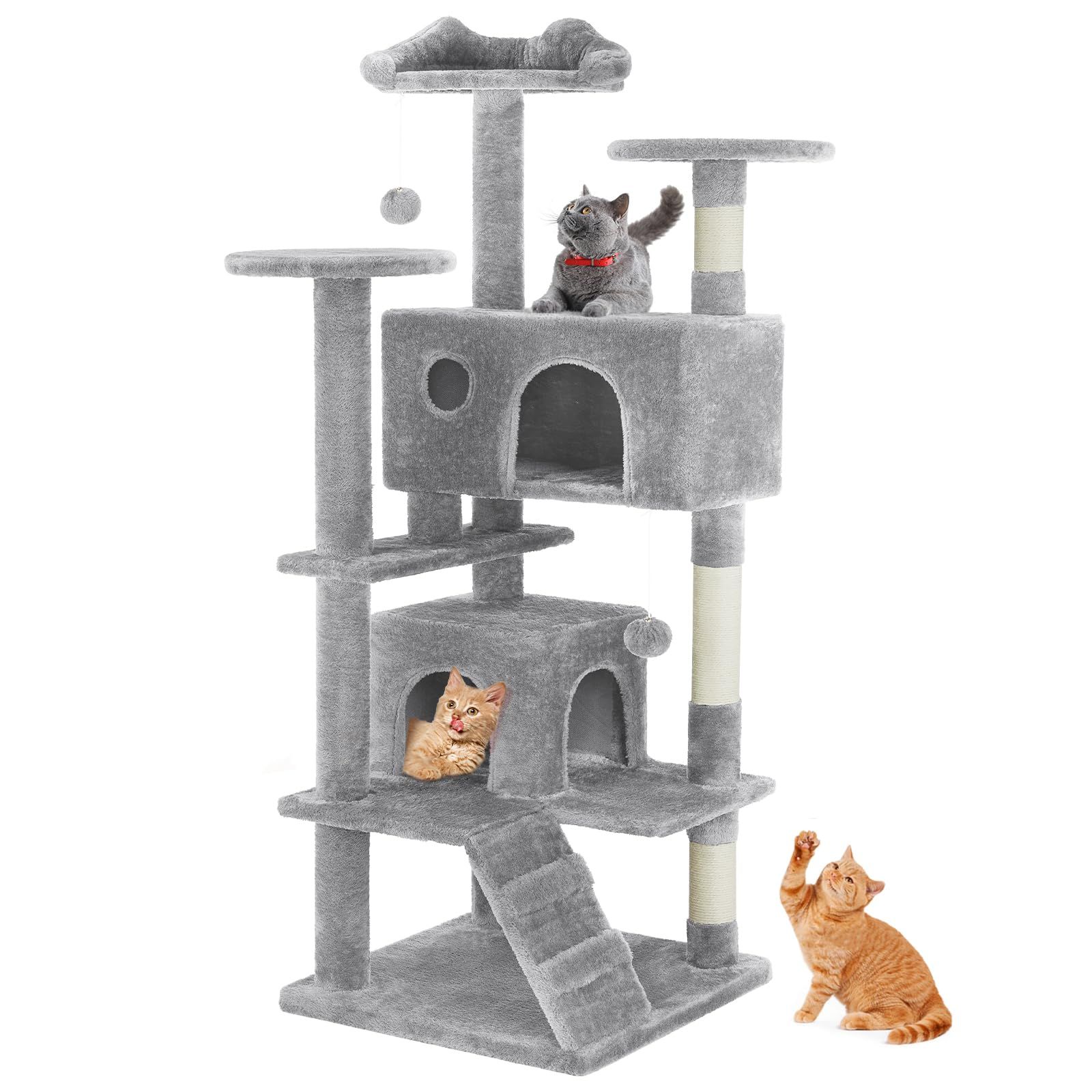 54 Inch Cat Tree Tower, Multi-Level Tower with Cat Scratching Post, Indoor Cat Condo with Climbing Ladder, Plush Toy, Play House for Cat, Light Grey