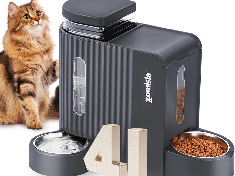 Gravity Cat Food and Water Dispenser Set with 304 Stainless Steel Bowls, 2 in 1 Automatic Cat Feeder with 180 Degree Rotatable Water Bowl, Large Capacity for Puppy Kitten Rabbits, Grey
