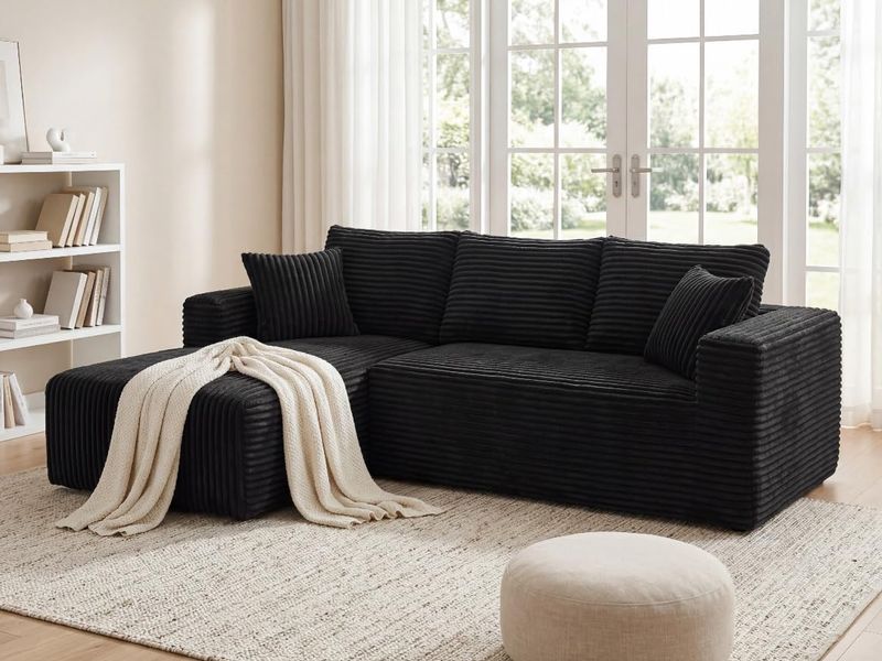 92.5" Modular Sectional Sofa, L-Shaped Cloud Couch with Deep Seats and Chaise, Upholstered Corduroy Boneless Couch for Living Room Small Space, No Need Assembly - Black(Left Facing Chaise)