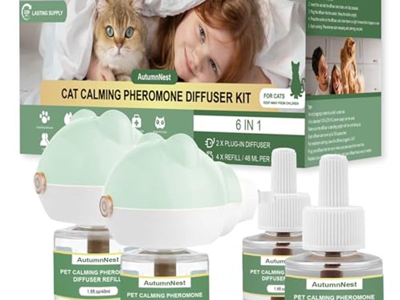 Cat Calming Diffuser Kit with 2 Plug-in & 4 Refills, Pheromone Diffuser for Cats Reducing Fighting, Scratching, Urine, Aggression, Anxiety, Fireworks, Vet Visits, Travel, 120 Day Supply, Safe Formula