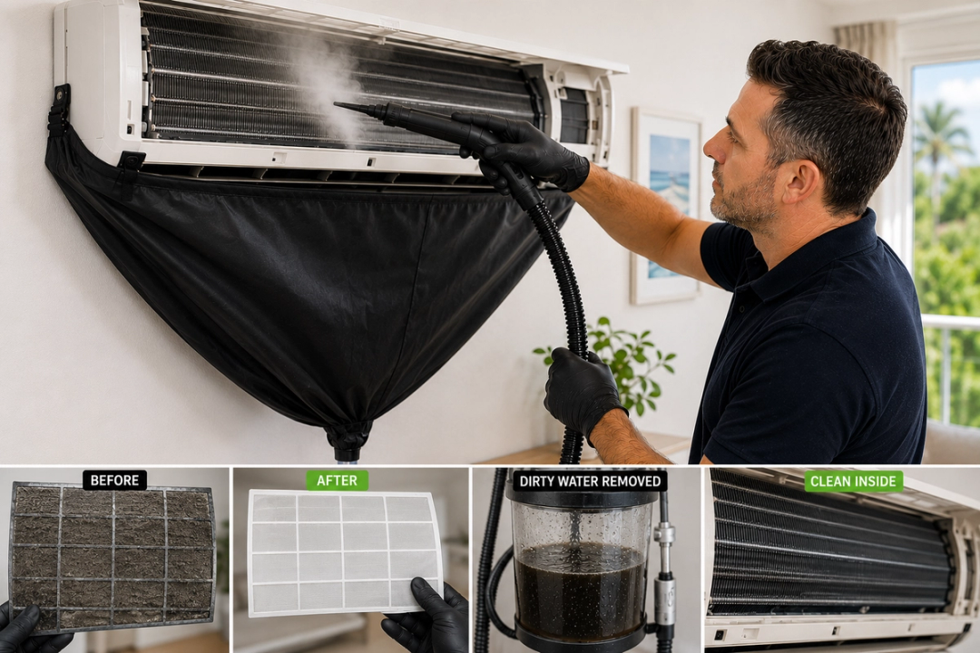 Professional AC unit cleaning service using specialist equipment in Cyprus
