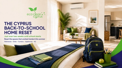 Bright Cyprus family home prepared for the new school term, featuring a clean mattress, sofa, appliances, AC unit and school bag