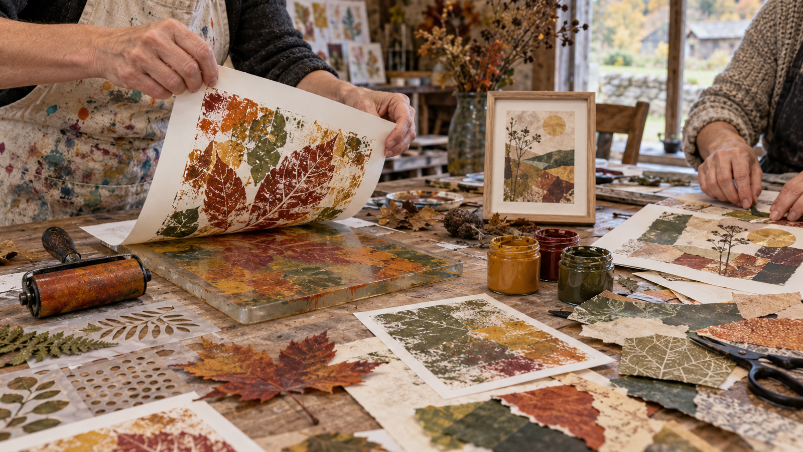 Gel Plate Printing & Collage Workshop Autumn Leaves & Abstract
