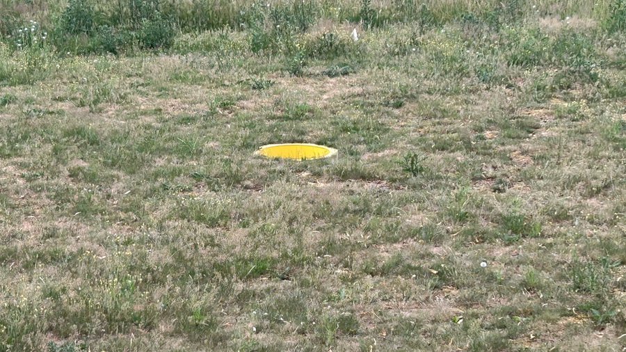 Sunken football golf target in long grass at Cricklade House