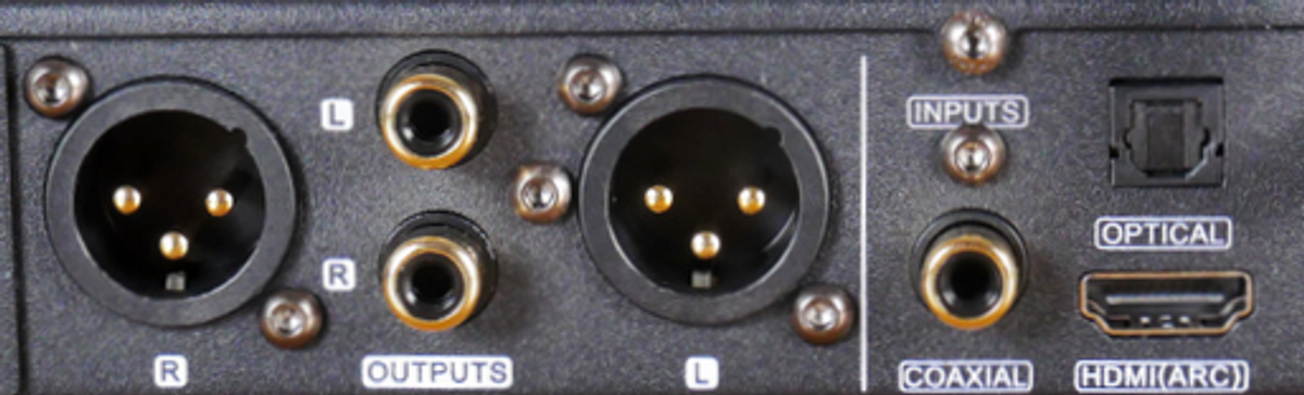 Rear connectons on an SMSL DO100 dac showing the RCA, Balanced, coaxial, optical and hdmi ports