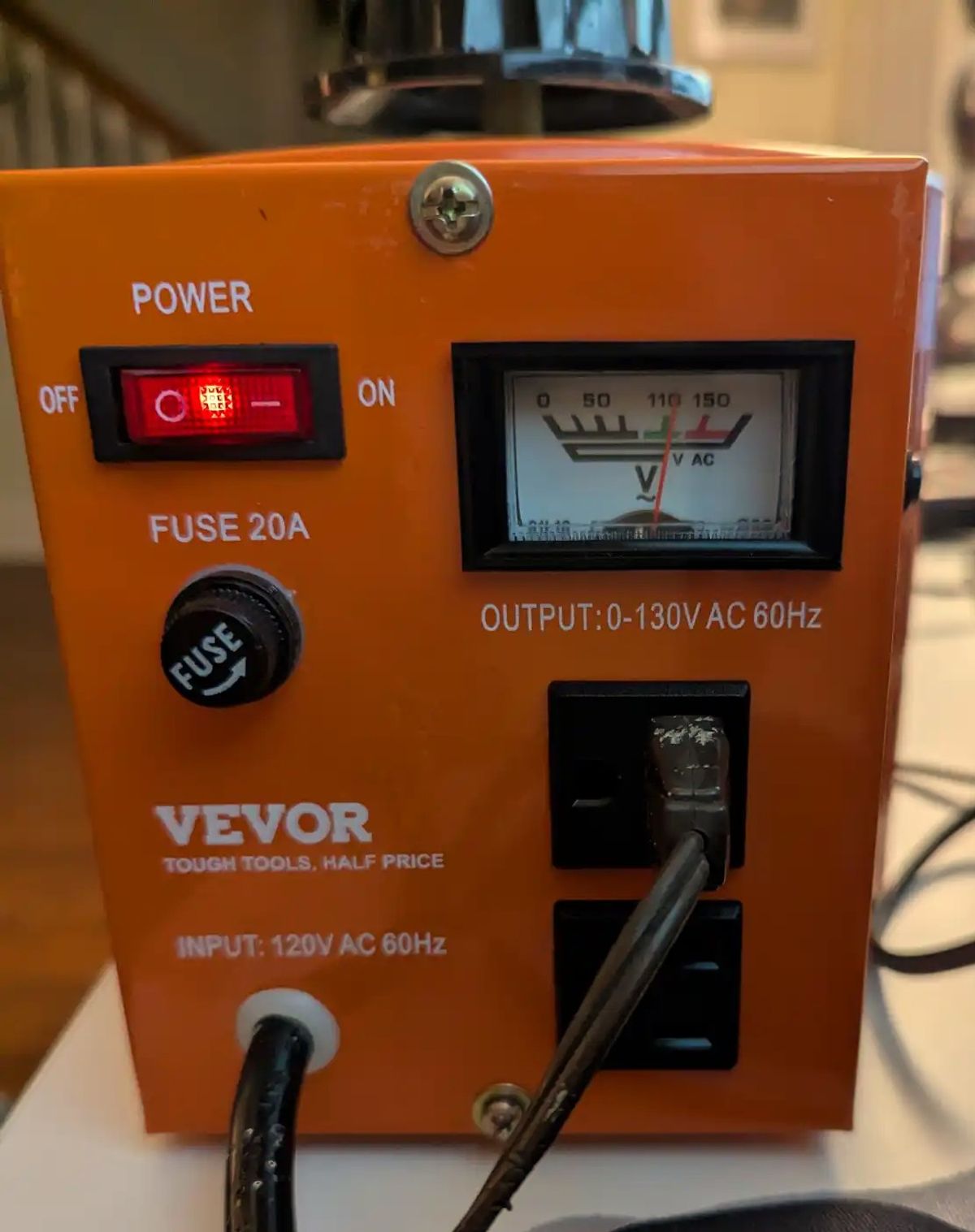 Variable autotransformer on bench with KR-3130 connected — dial, control knob, 