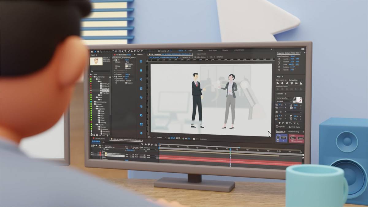 Animationsarbeit an einem Software-Produktvideo in der Animationssoftware