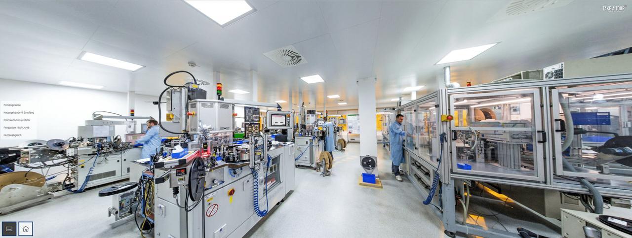 360-Grad-Rundgang durch eine Elektronik-Produktionshalle mit Navigationsmenü der virtuellen Tour