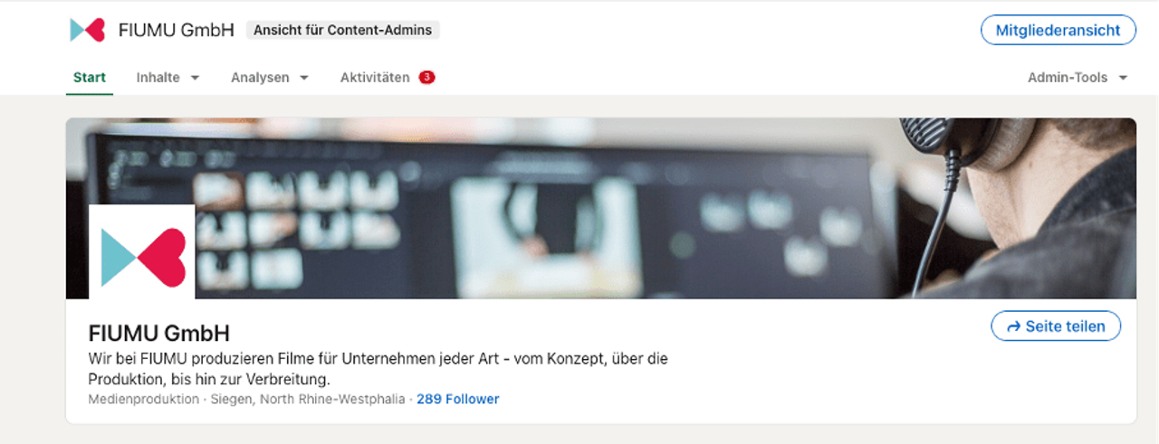 Screenshot der LinkedIn-Unternehmensseite der FIUMU GmbH mit Titelbild und Button „Seite teilen“